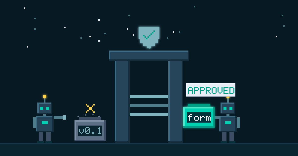 Review and gates, drawn as pixel art: two reviewer robots flank a turnstile gate topped with a check-marked shield, one cartridge passing with an approved stamp while a dusty one bounces off with a yellow X