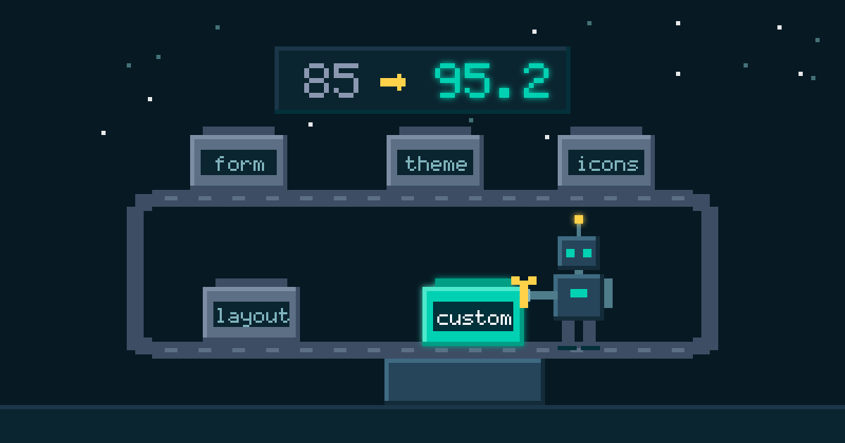 The improvement loop, drawn as pixel art: cartridges ride a circular conveyor past a wrench station and a scoreboard ticking from 85 to 95.2, with a robot tightening one cartridge mid-lap