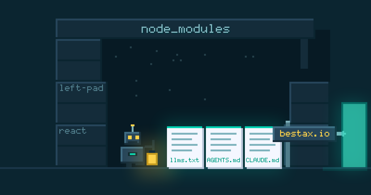 Meeting agents in node_modules, drawn as pixel art: a robot holding a lantern kneels in a dark mine of stacked crates labeled node_modules before three glowing files labeled llms.txt, AGENTS.md, and CLAUDE.md, beside a signpost pointing to a lit doorway labeled bestax.io