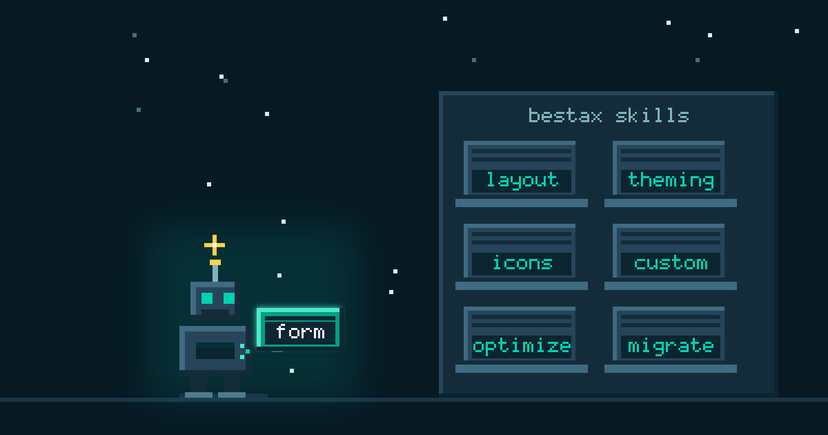 Agent skills as pixel art game cartridges: a robot snaps a glowing cartridge labeled form into its open chest slot while six more cartridges labeled layout, theming, icons, custom, optimize, and migrate wait in a wall rack